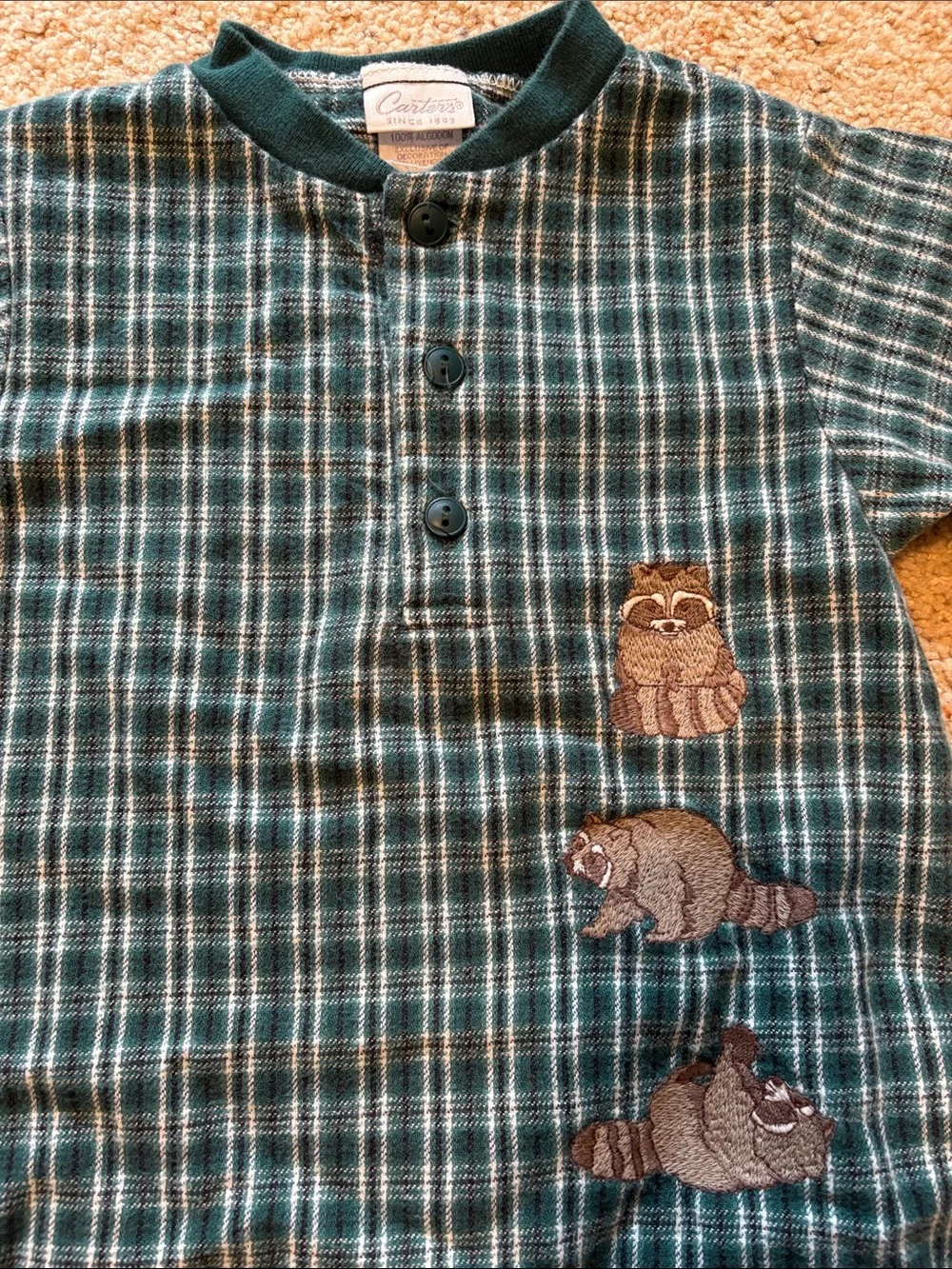 Carter's Green Plaid One-Piece Bodysuit with Raccoon Appliqués